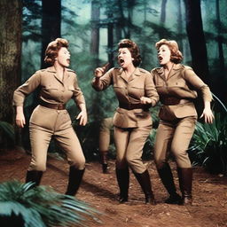 Ethel Merman, Rosemary Clooney, and Martha Raye in their 60s, dressed like commandos in a dense jungle, battling an alien creature