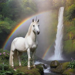 A majestic unicorn in a lush, enchanted forest, with a sparkling waterfall in the background under a brightly shimmering rainbow.