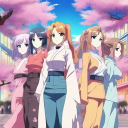 A group of anime women standing together, each with distinct hairstyles and outfits, showcasing various emotions and personalities