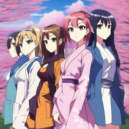 A group of anime women standing together, each with distinct hairstyles and outfits, showcasing various emotions and personalities