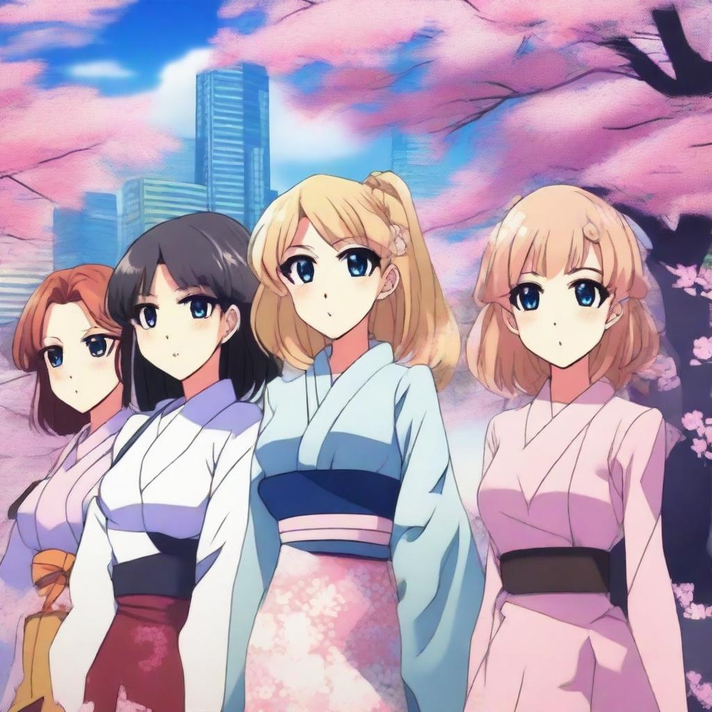 A group of anime women standing together, each with distinct hairstyles and outfits, showcasing various emotions and personalities