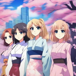 A group of anime women standing together, each with distinct hairstyles and outfits, showcasing various emotions and personalities