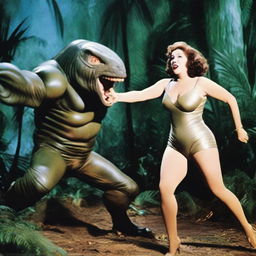 An elderly Ethel Merman dressed in commando gear, engaged in a fierce battle with an alien creature