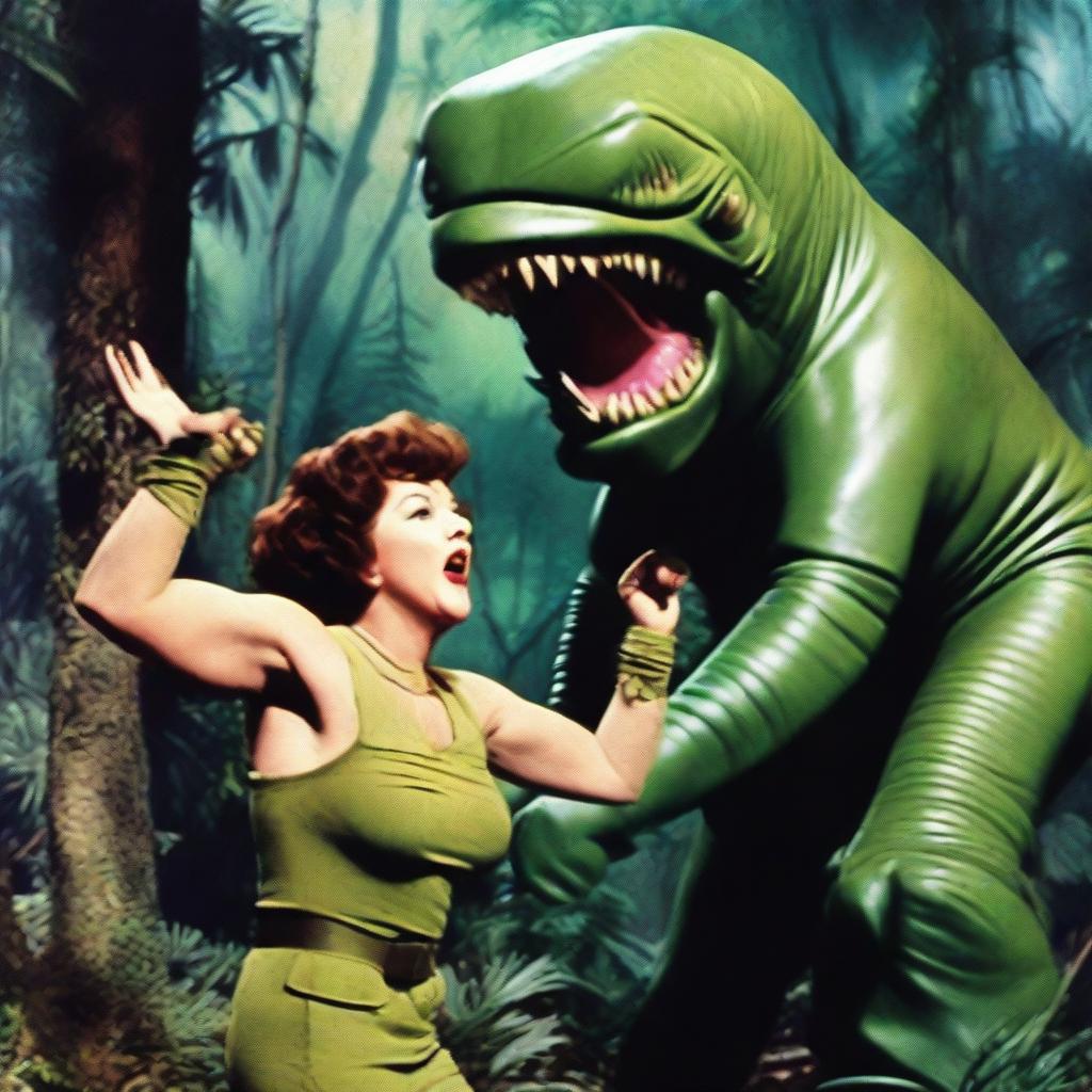 An elderly Ethel Merman dressed in commando gear, engaged in a fierce battle with an alien creature