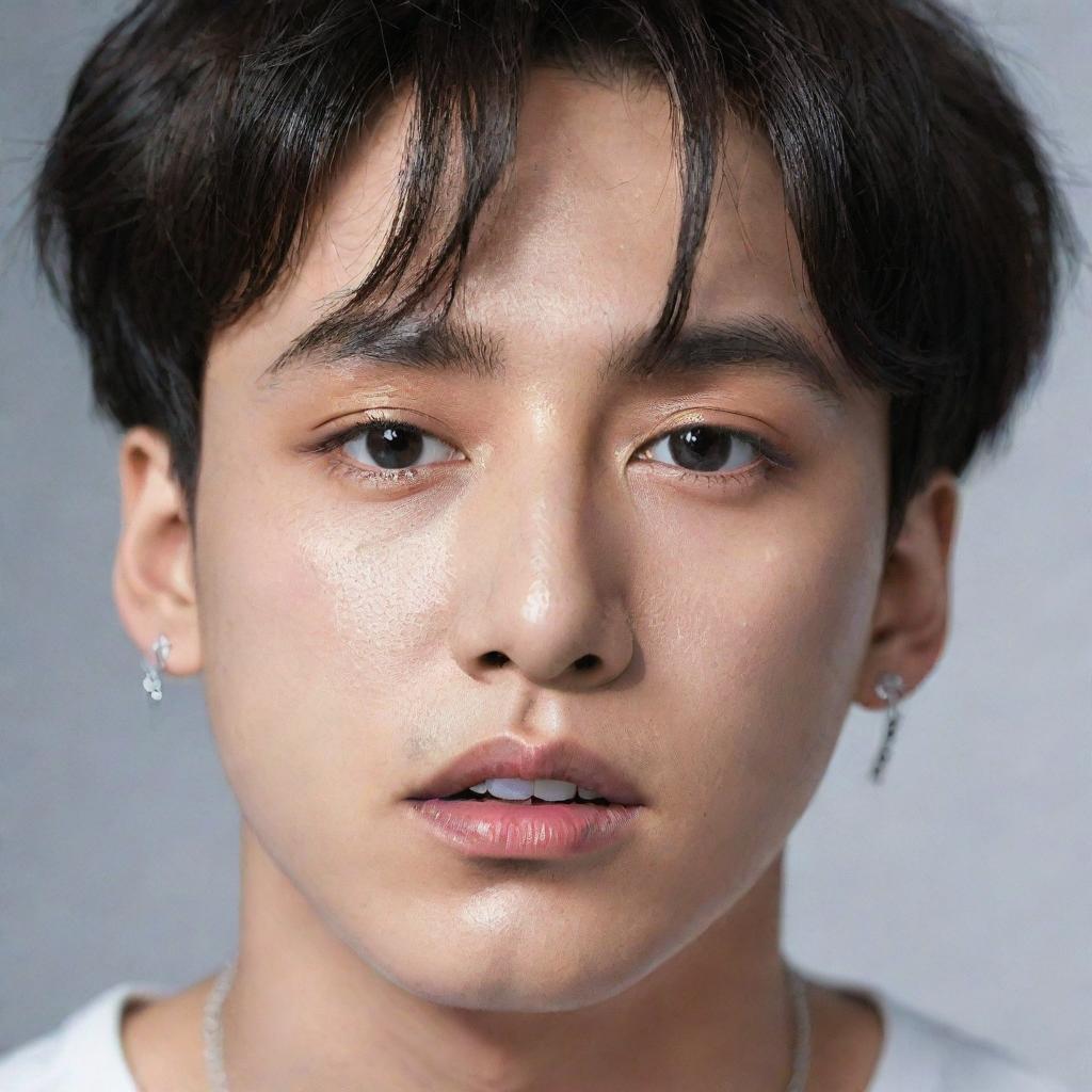 A detailed portrait of Jungkook from BTS, featuring a striking eyebrow piercing.