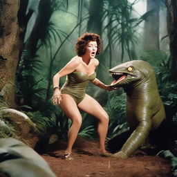 An elderly Ethel Merman dressed in commando gear, engaged in a fierce battle with an alien creature