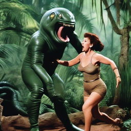 An elderly Ethel Merman dressed in commando gear, engaged in a fierce battle with an alien creature