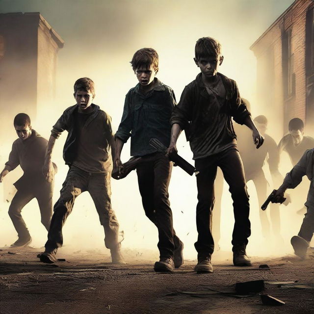 A dramatic scene featuring five boys fighting off a horde of zombies in a post-apocalyptic setting