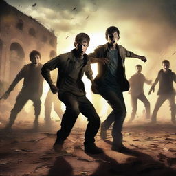 A dramatic scene featuring five boys fighting off a horde of zombies in a post-apocalyptic setting