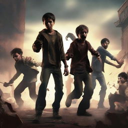 A dramatic scene featuring five boys fighting off a horde of zombies in a post-apocalyptic setting