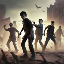 A dramatic scene featuring five boys fighting off a horde of zombies in a post-apocalyptic setting