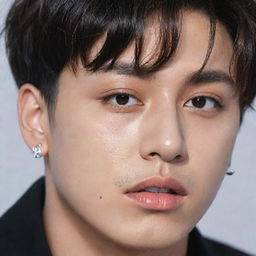 A detailed portrait of Jungkook from BTS, featuring a striking eyebrow piercing.