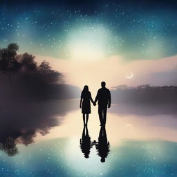 A heartwarming scene depicting love, with a couple holding hands under a starlit sky