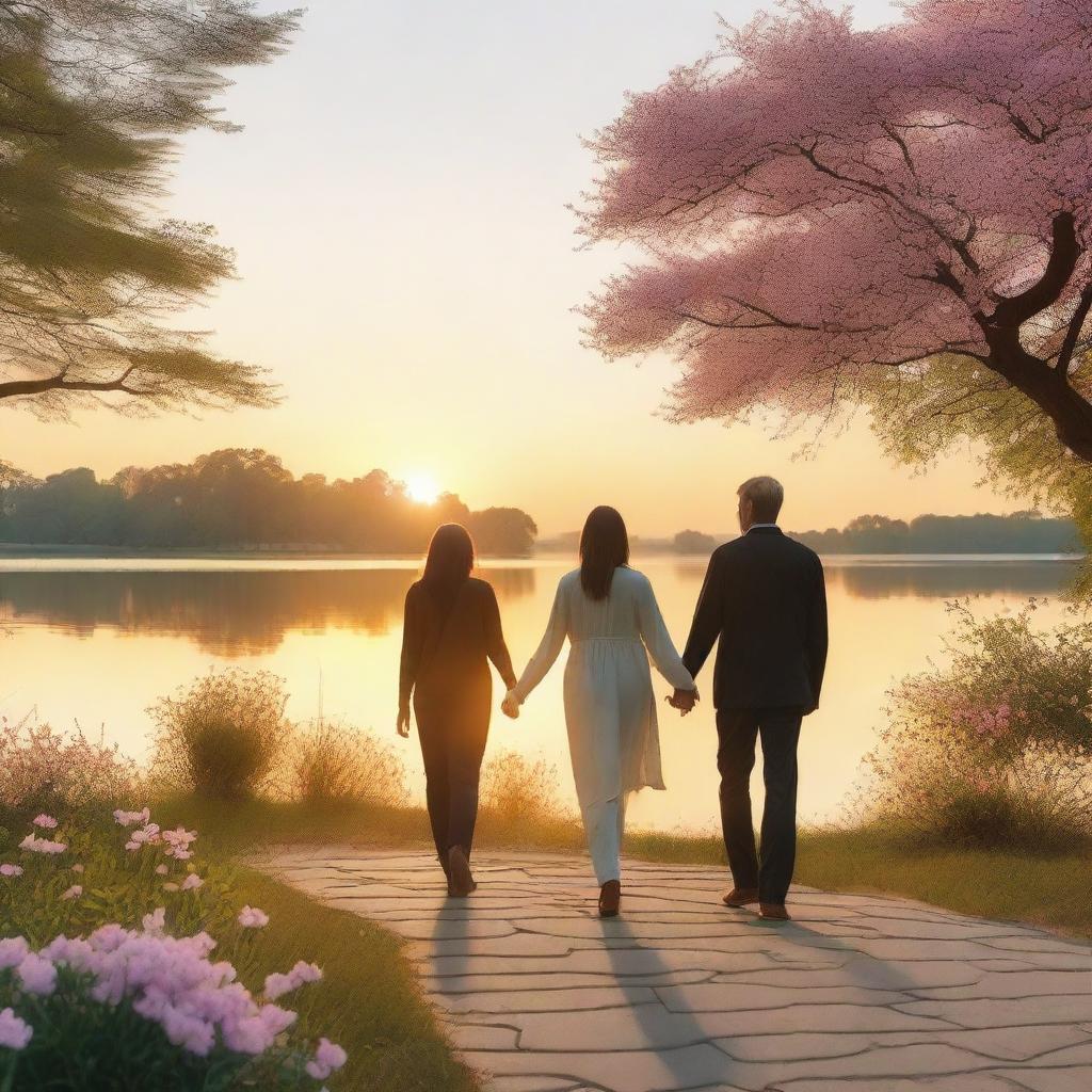 A heartwarming scene depicting love, featuring two women and two men holding hands in a picturesque park during sunset