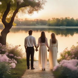 A heartwarming scene depicting love, featuring two women and two men holding hands in a picturesque park during sunset