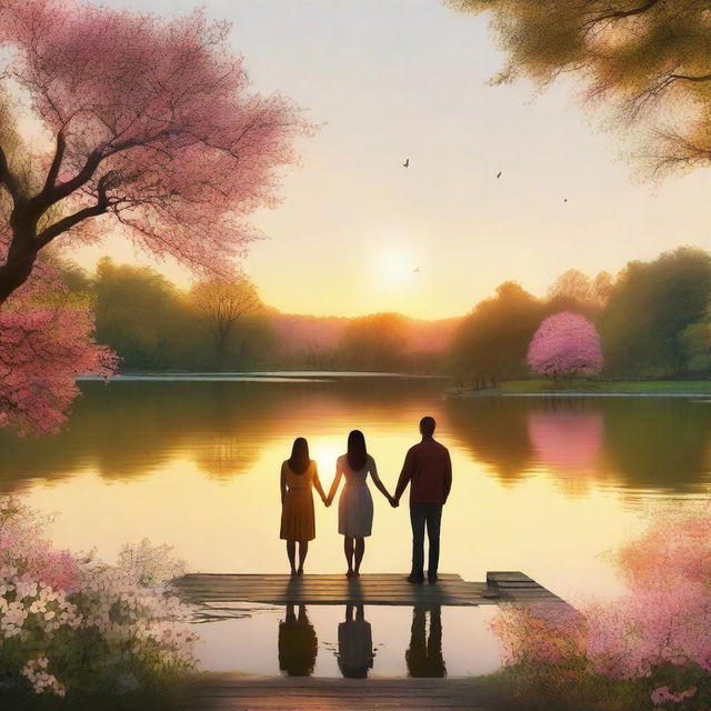 A heartwarming scene depicting love, featuring two women and two men holding hands in a picturesque park during sunset