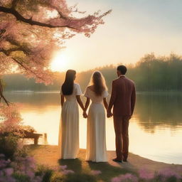 A heartwarming scene depicting love, featuring two women and two men holding hands in a picturesque park during sunset