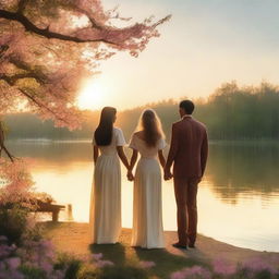 A heartwarming scene depicting love, featuring two women and two men holding hands in a picturesque park during sunset