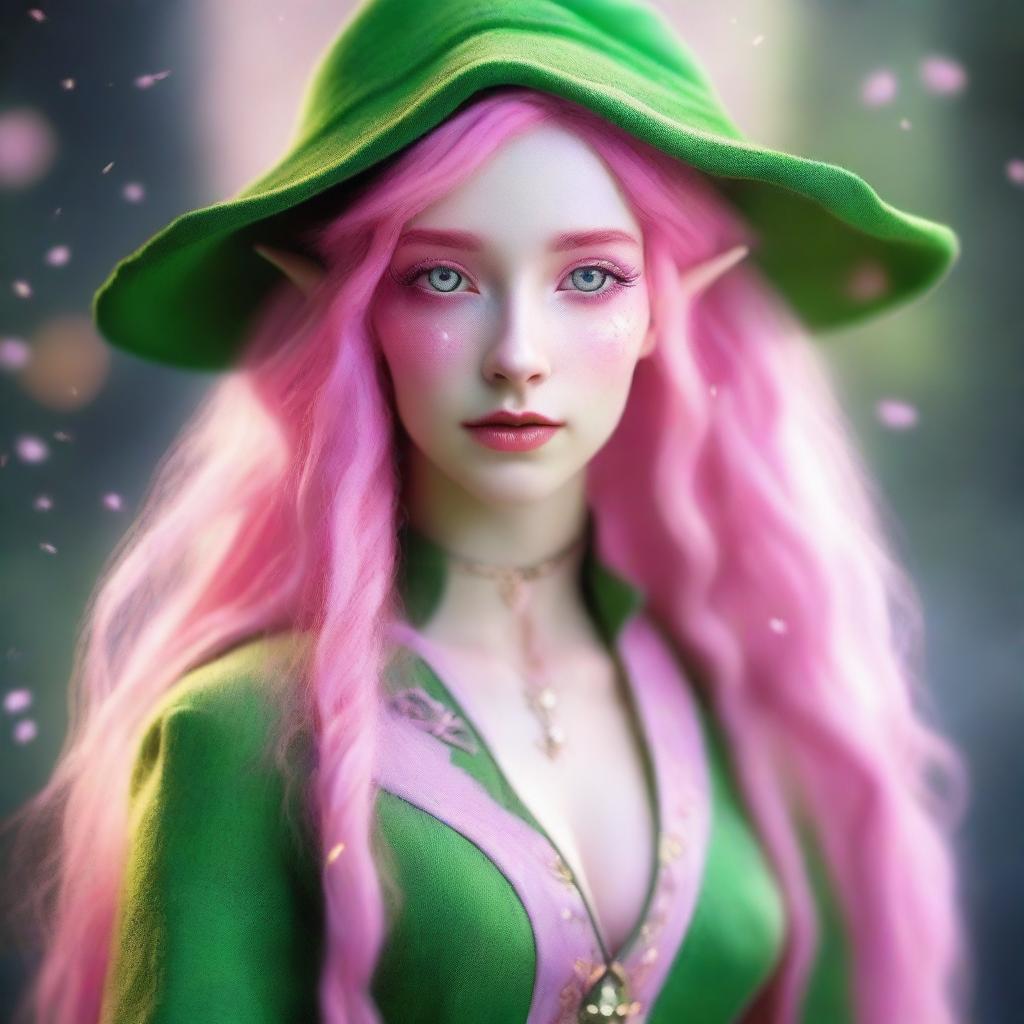 A female elf sorcerer with extremely long pink hair