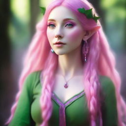 A female elf sorcerer with extremely long pink hair