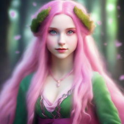 A female elf sorcerer with extremely long pink hair