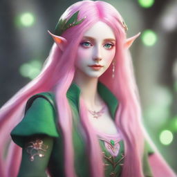 A female elf sorcerer with extremely long pink hair