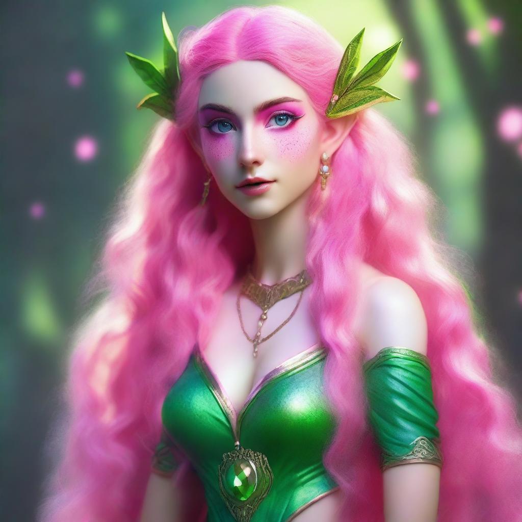 A fantasy style female elf sorcerer with extremely long pink hair