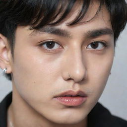 A detailed portrait of Jungkook from BTS, featuring a striking eyebrow piercing.