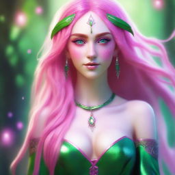 A fantasy style female elf sorcerer with extremely long pink hair