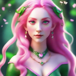 A fantasy style female elf sorcerer with extremely long pink hair