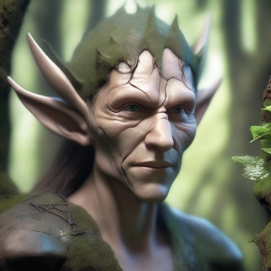 Create an image of an elf with skin that resembles dry clay, cracked and rugged