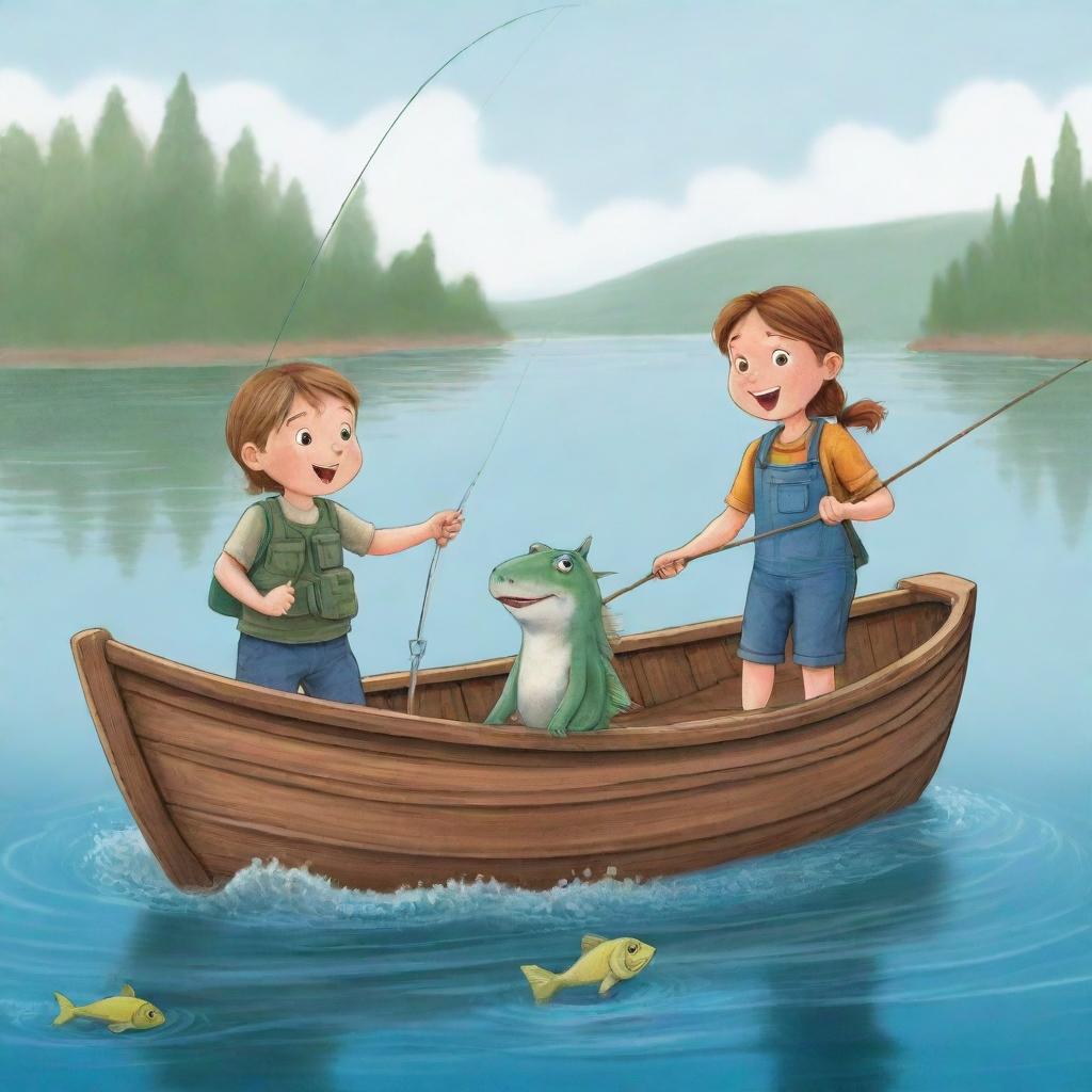 A cute, easily drawable cartoon scene for a children's book illustrating Finn and Fiona on their boat, practicing the responsible act of catch-and-release fishing.