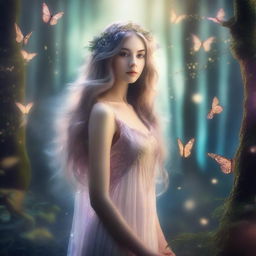 A beautiful fantasy woman standing in an enchanted forest, surrounded by magical creatures and glowing plants