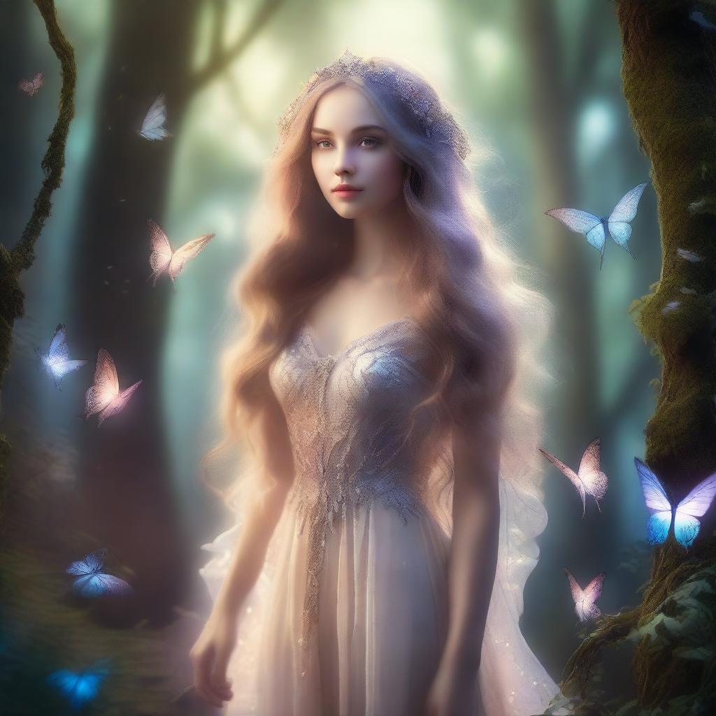 A beautiful fantasy woman standing in an enchanted forest, surrounded by magical creatures and glowing plants