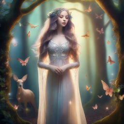 A beautiful fantasy woman standing in an enchanted forest, surrounded by magical creatures and glowing plants