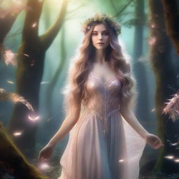 A beautiful fantasy woman standing in an enchanted forest, surrounded by magical creatures and glowing plants