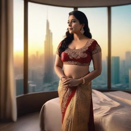 A realistic depiction of a middle-aged Indian woman standing in a luxurious giant bedroom with a glass city skyline view