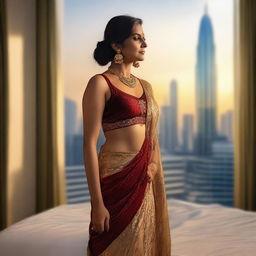 A realistic depiction of a middle-aged Indian woman standing in a luxurious giant bedroom with a glass city skyline view