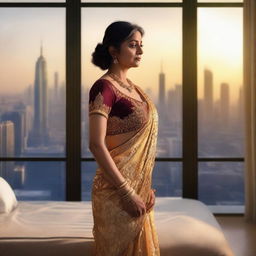 A realistic depiction of a middle-aged Indian woman standing in a luxurious giant bedroom with a glass city skyline view