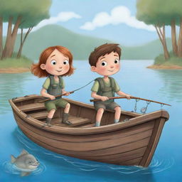 A cute, easily drawable cartoon scene for a children's book illustrating Finn and Fiona on their boat, practicing the responsible act of catch-and-release fishing.