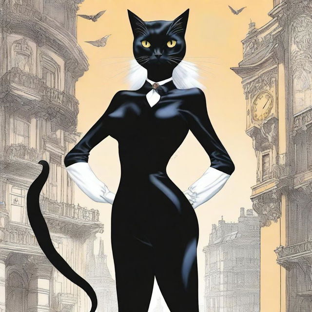 Uma capa de livro apresentando a personagem Black Cat em uma pose dinâmica