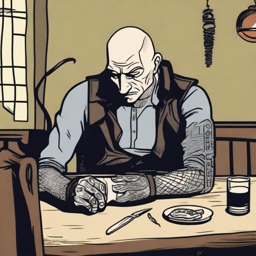 In the corner of a dimly lit tavern, at a table against the wall, sits a bald man with a snake tattoo covering half of his face