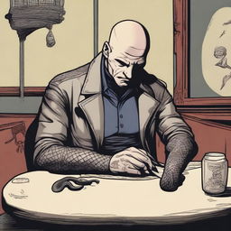 In the corner of a dimly lit tavern, at a table against the wall, sits a bald man with a snake tattoo covering half of his face