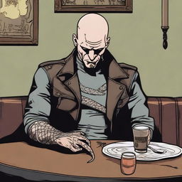 In the corner of a dimly lit tavern, at a table against the wall, sits a bald man with a snake tattoo covering half of his face