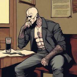 In the corner of a dimly lit tavern, at a table against the wall, sits a bald man with a snake tattoo covering half of his face