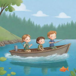 A cute, easily drawable cartoon scene for a children's book illustrating Finn and Fiona on their boat, practicing the responsible act of catch-and-release fishing.