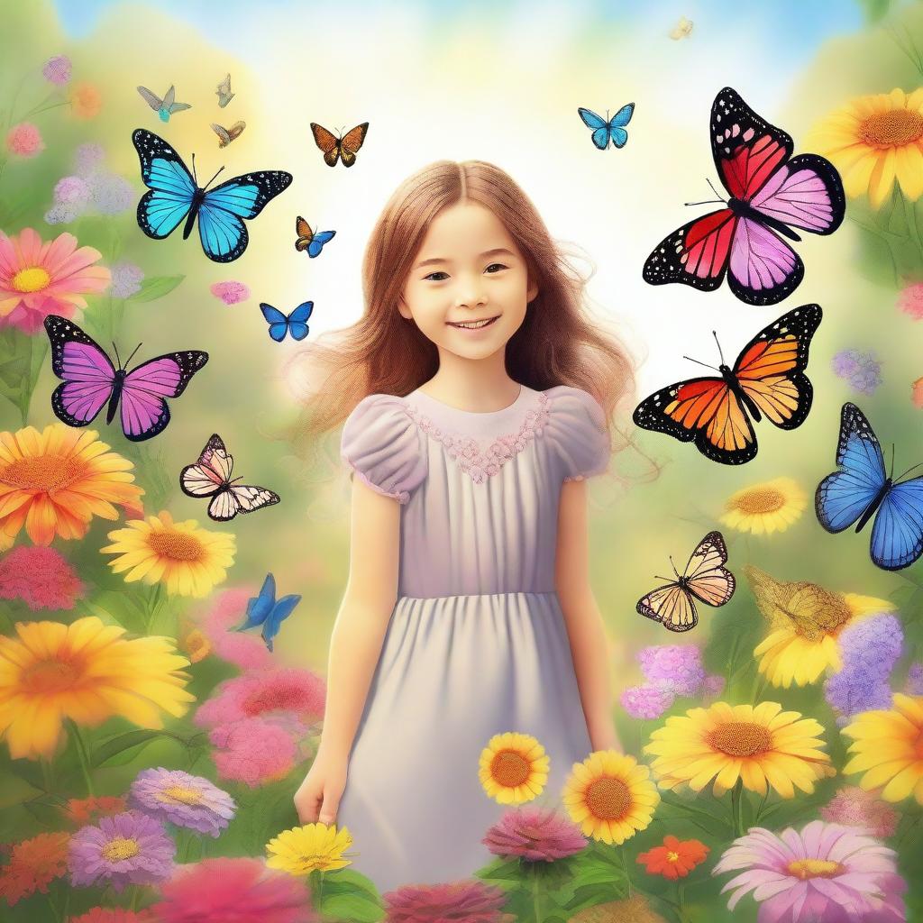 A young girl standing in a beautiful garden filled with colorful flowers