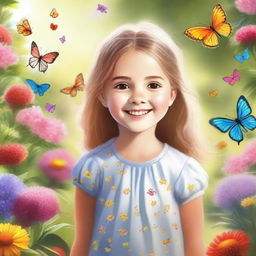 A young girl standing in a beautiful garden filled with colorful flowers