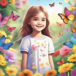 A young girl standing in a beautiful garden filled with colorful flowers