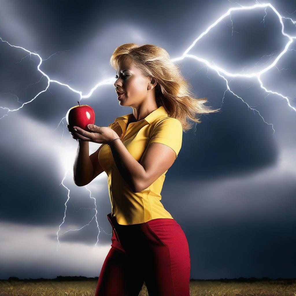 A dynamic and vibrant image featuring an apple core with lightning striking around it, symbolizing energy and power